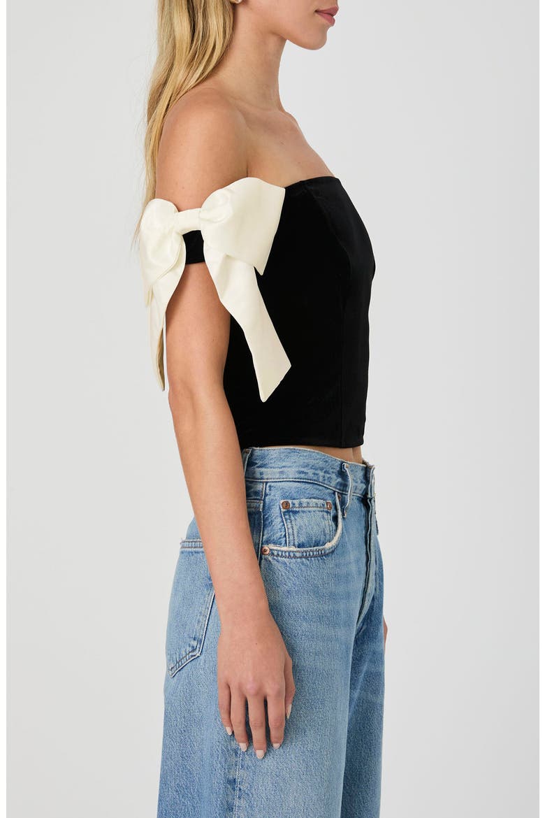 Carey Satin Bow Detail Off the Shoulder Velvet Crop Top, Alternate, color, BLACK-PORCELAIN CREAM