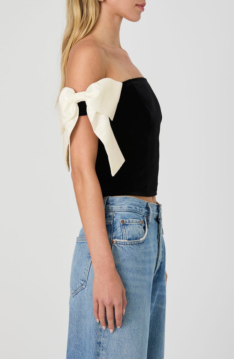 French Connection Carey Satin Bow Detail Off the Shoulder Velvet Crop Top, Alternate, color, 