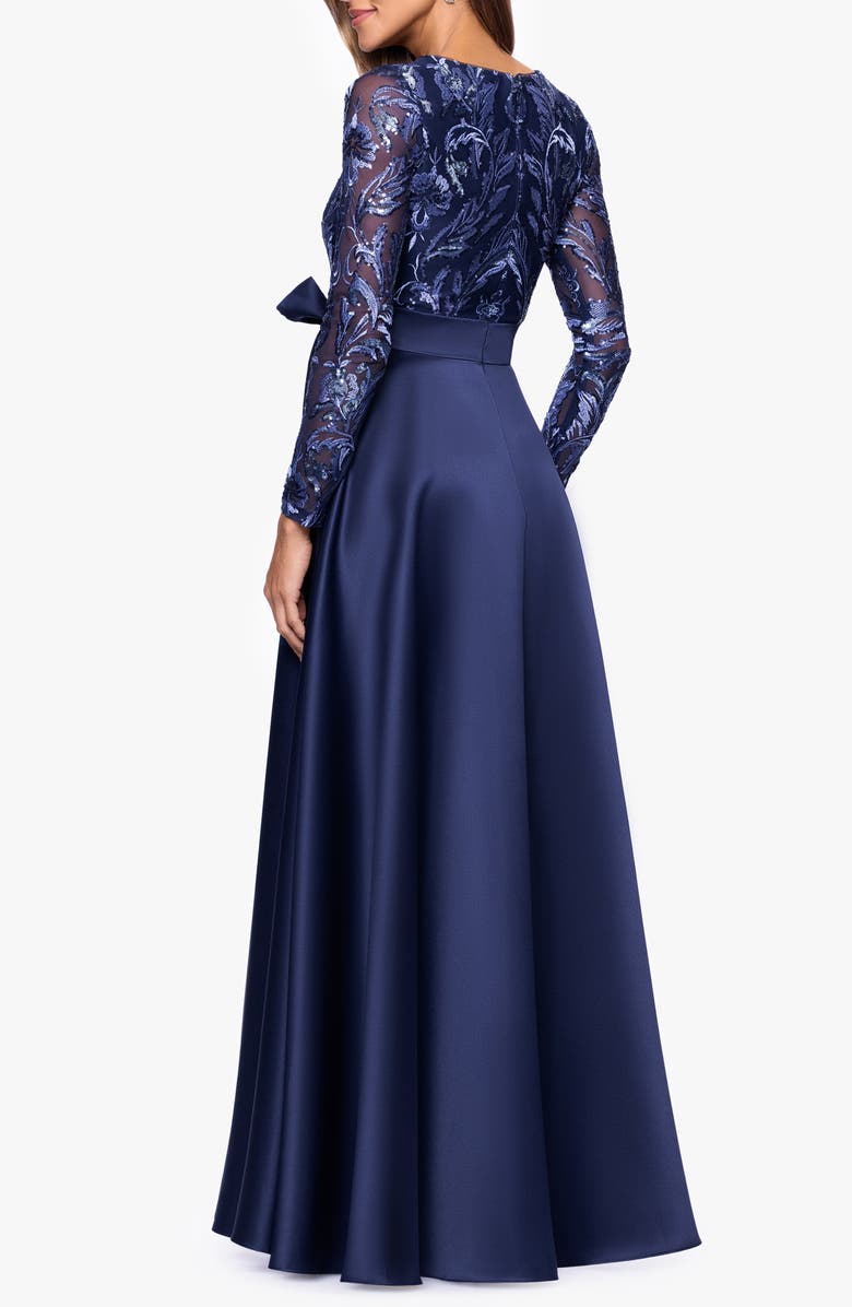 Xscape Evenings Embellished Bodice Long Sleeve Gown, Alternate, color, Peri/ Navy