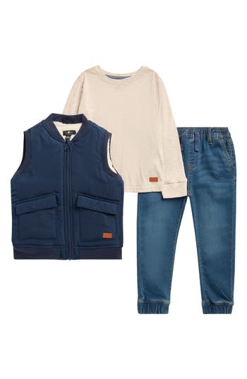 7 For All Mankind Kids' Long Sleeve T-shirt, Jeans & Vest Set In Multi