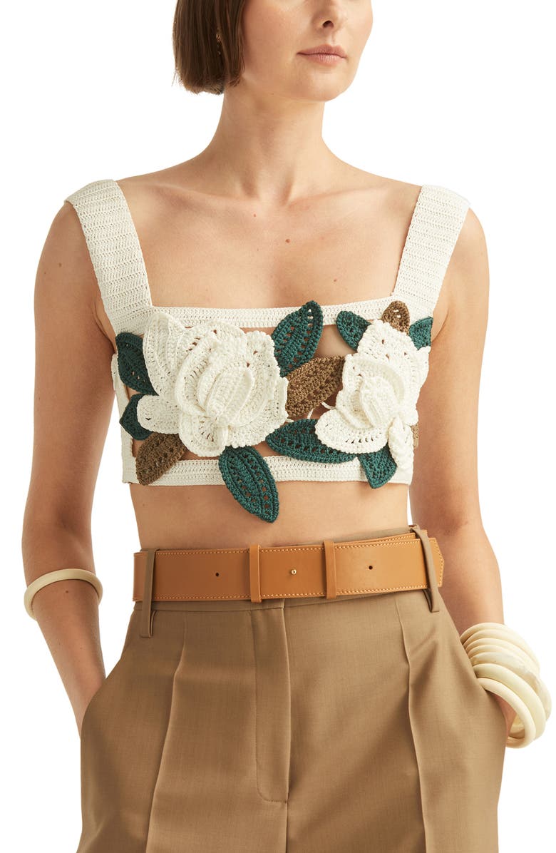 Oscar de la Renta Magnolias Crochet Crop Top, Main, color, 