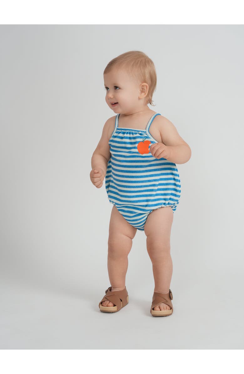 Puddles Terry Peach Striped Embroidered Chest Romper, Alternate, color, Blue
