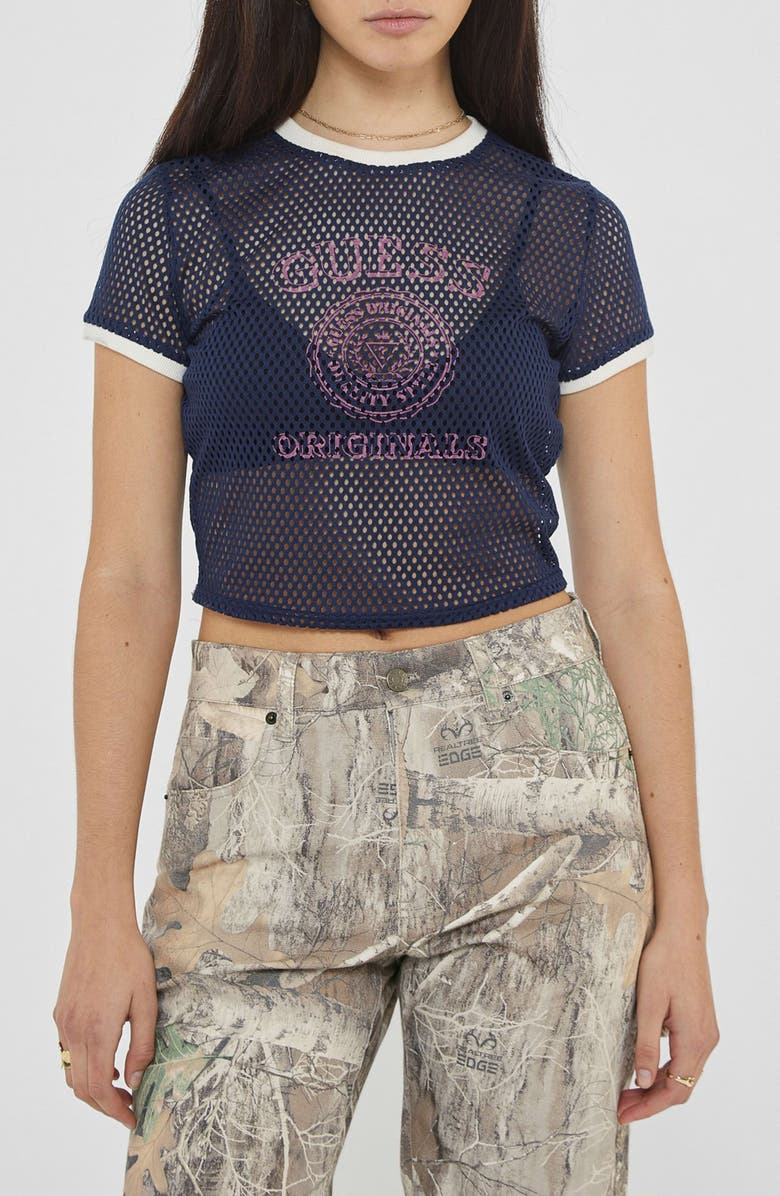 GUESS Logo Ringer Mesh Graphic T-Shirt, Main, color, 