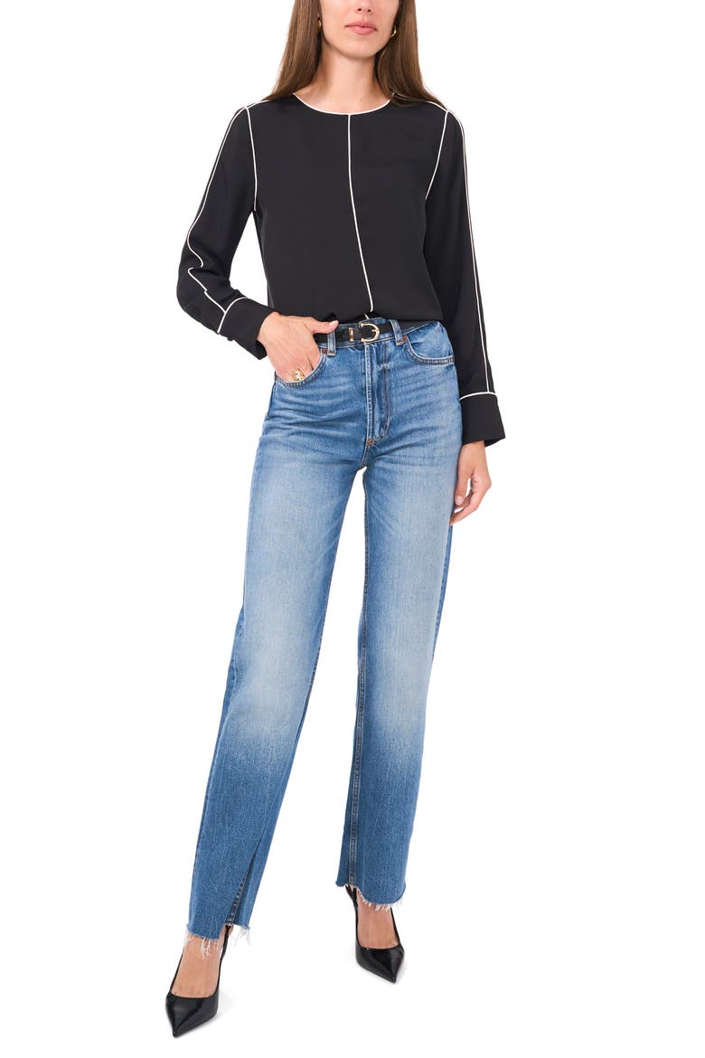 Piped Long Sleeve CrÃªpe de Chine Top, Alternate, color, RICH BLACK