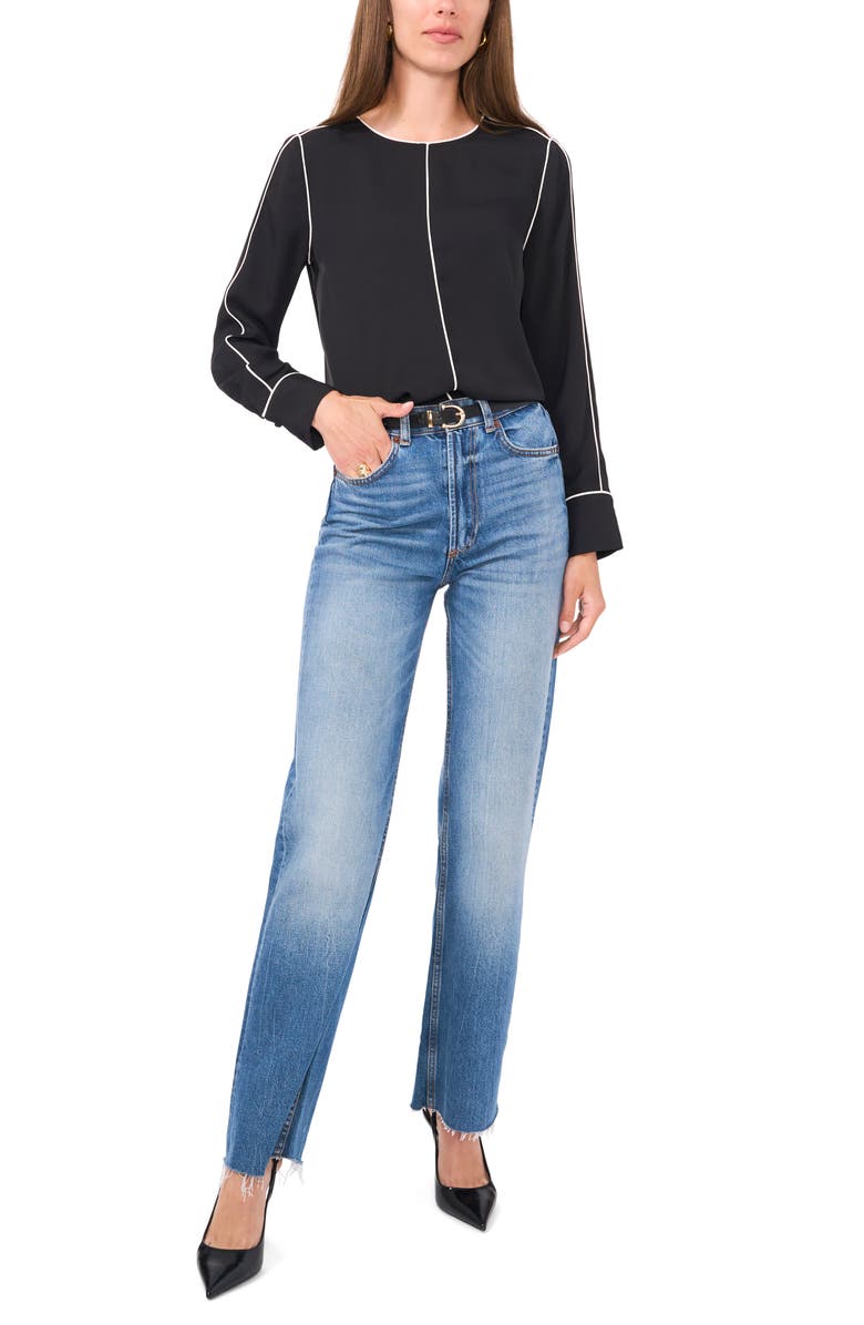 Vince Camuto Piped Long Sleeve CrÃªpe de Chine Top, Alternate, color, Rich Black