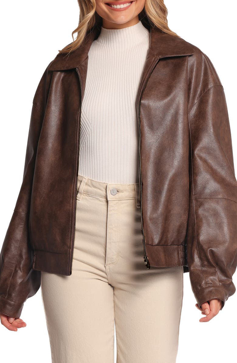 Petal & Pup Zoe Faux Leather Bomber Jacket, Main, color, Brown