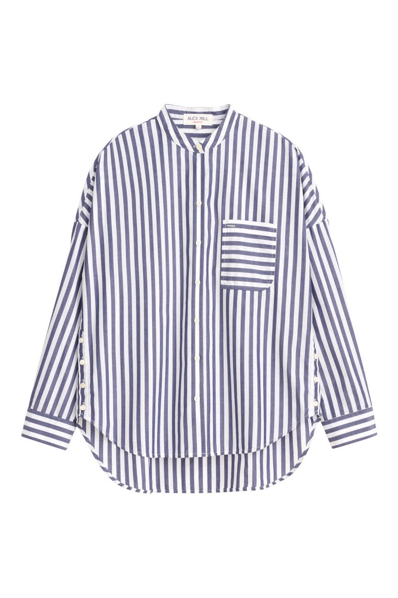 Mixed Stripe Band Collar Button-Up Shirt, Alternate, color, NAVY/ WHITE