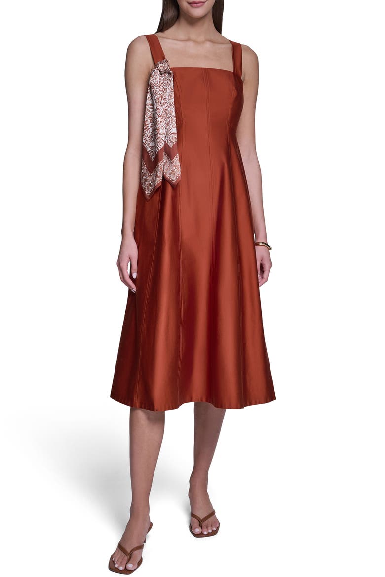 Fit and Flare Midi Dress with Scarf, Main, color, COGNAC