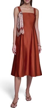 HALSTON Fit and Flare Midi Dress with Scarf