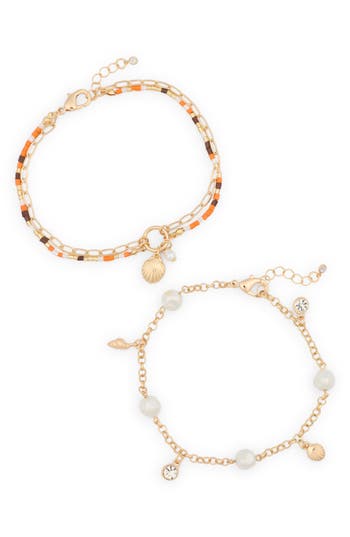 Nordstrom Rack 2-pack Faux Pearl Beaded Anklets In Gold