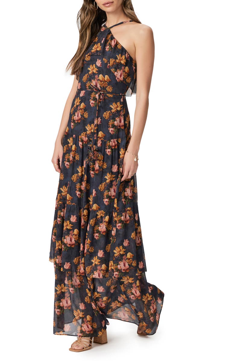 PAIGE Calypso Floral Tiered Silk Georgette Maxi Dress, Alternate, color, Navy/ Blue Multi