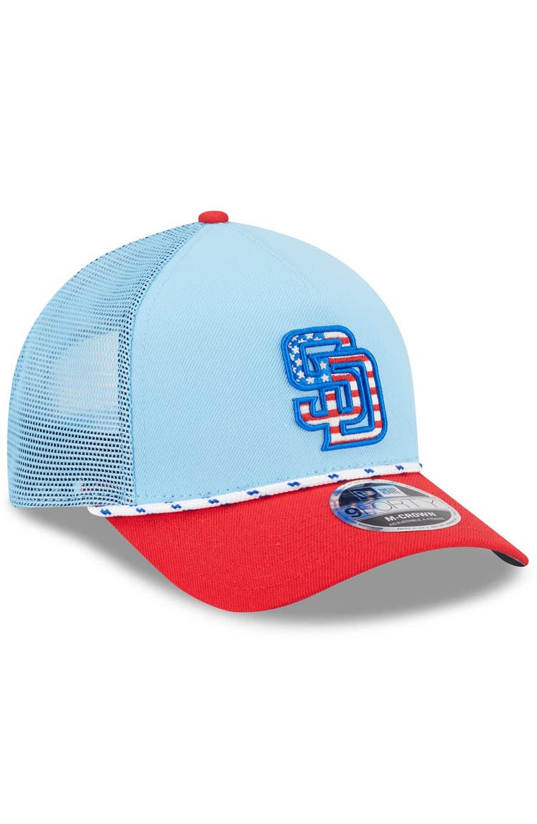 New Era Men's New Era Light Blue/Red San Diego Padres 2025 Fourth of July 9FORTY A-Frame M-Crown Adjustable Trucker Hat, Alternate, color, 