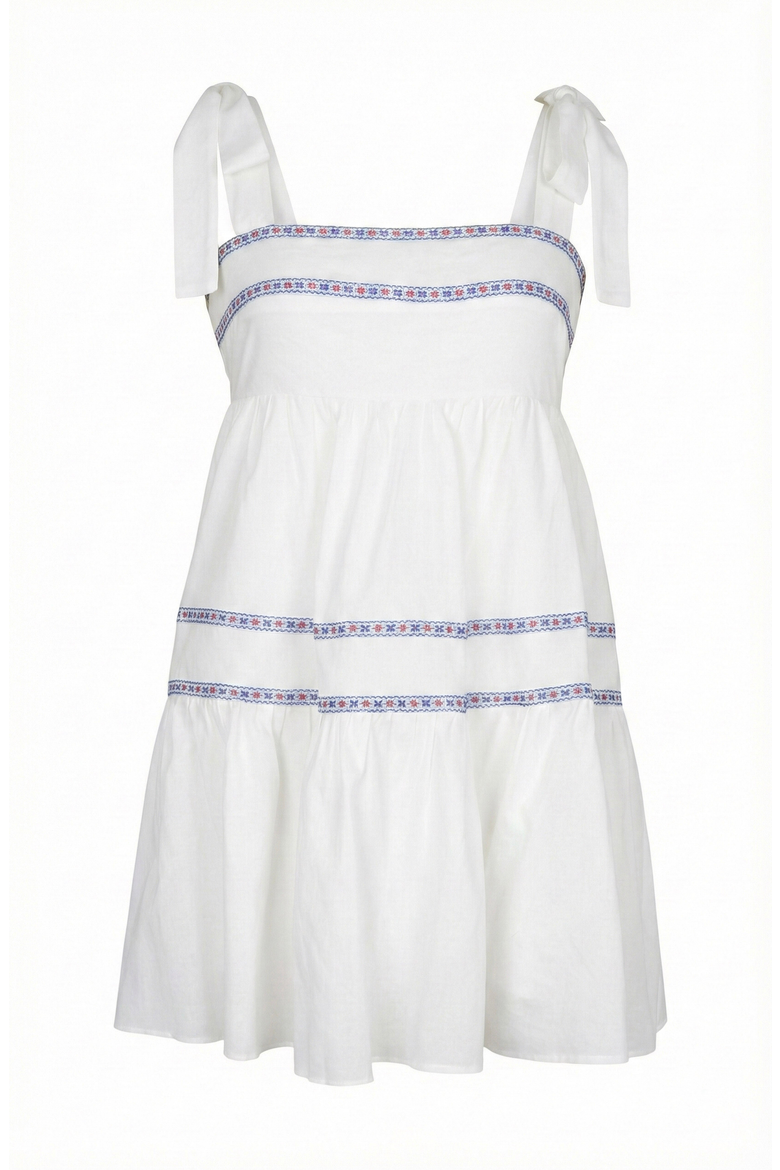 Sleeveless Tiered Mini Dress with Bow Tie Shoulder Straps and Smocked Empire Waist, Alternate, color, Ivory