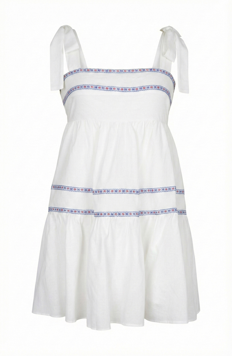 Modenaire Sleeveless Tiered Mini Dress with Embroidered Trim and Tie Straps, Alternate, color, White / Blue / Red