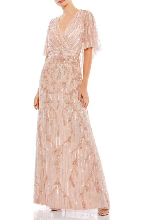 MAC DUGGAL MAC DUGGAL EMBELLISHED CAP SLEEVE FAUX WRAP TRUMPET GOWN