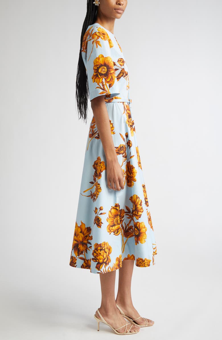 Oscar de la Renta Tonal Peony Print Stretch Poplin Belted Dress, Alternate, color, Brown/ Ice Blue