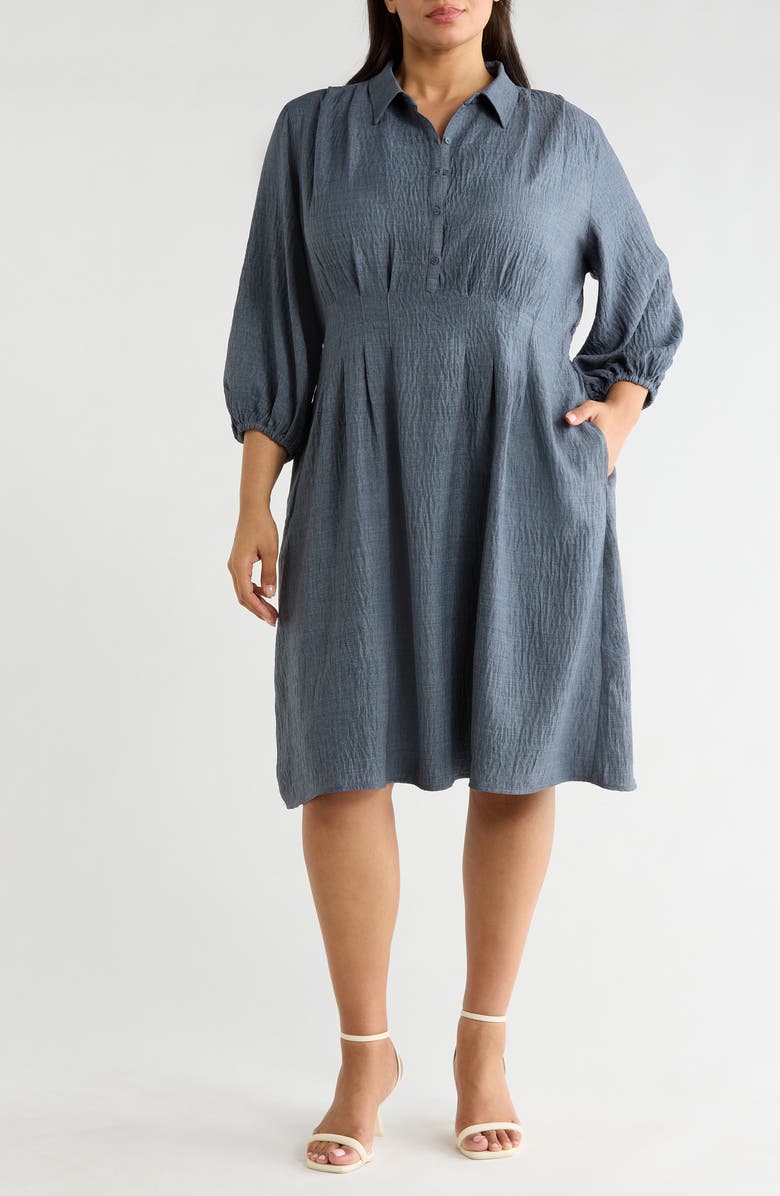MAX STUDIO Balloon Sleeve Pleated Waist Shirtdress, Main, color, Heather Blue Steel