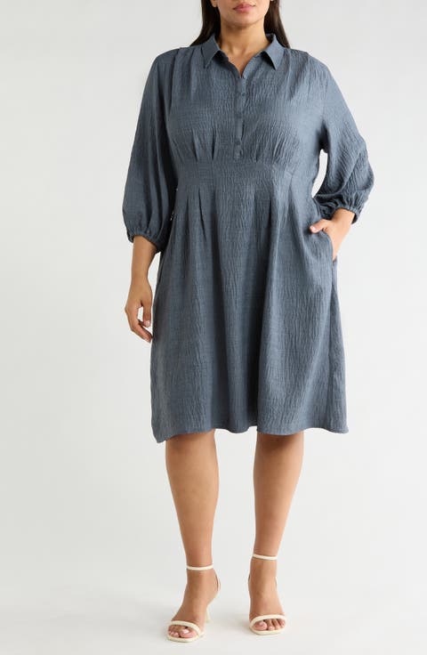 Balloon Sleeve Pleated Waist Shirtdress (Plus)