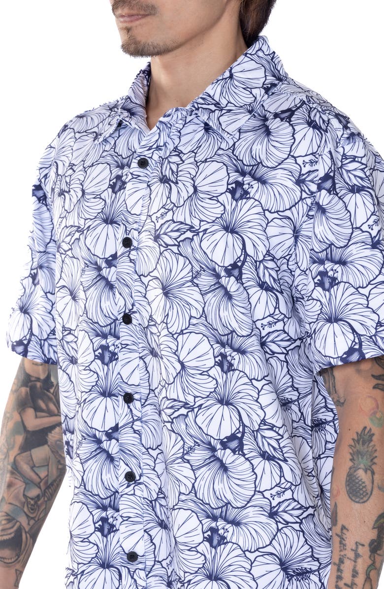 VAST Hibiscus Print Floral Short Sleeve Performance Button-Up Shirt, Alternate, color, White