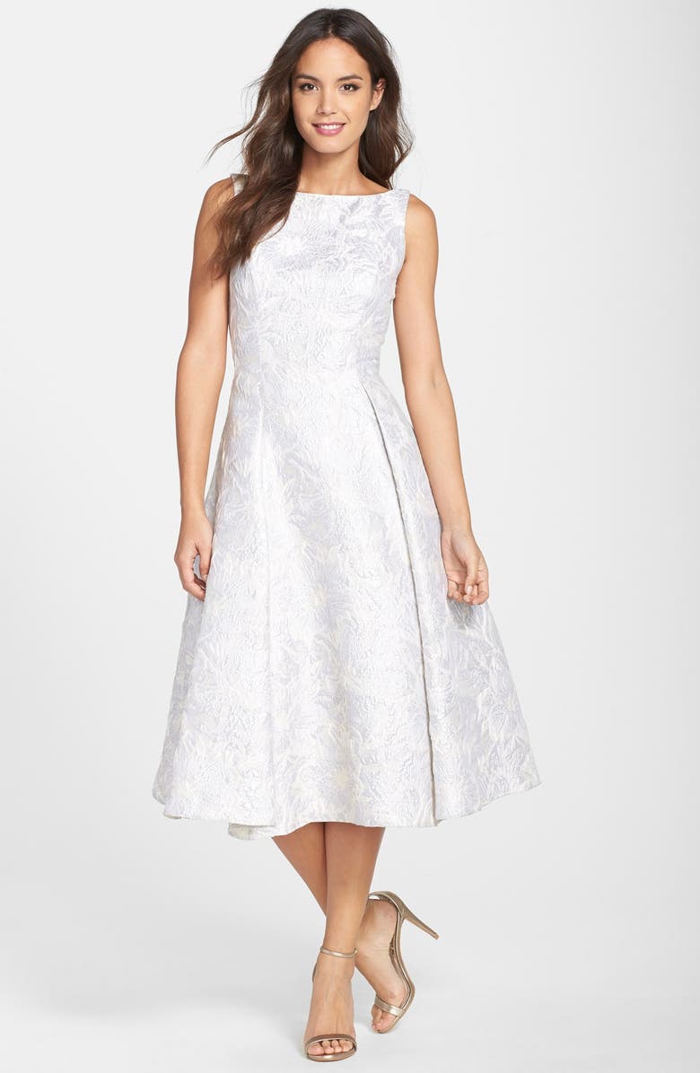 Adrianna Papell Metallic Floral Jacquard Tea Length Fit & Flare Dress, Main, color, 