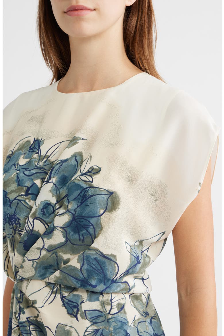 Placed Floral Cap Sleeve Asymmetric Hem Midi Dress, Alternate, color, IVORY/ BLUE