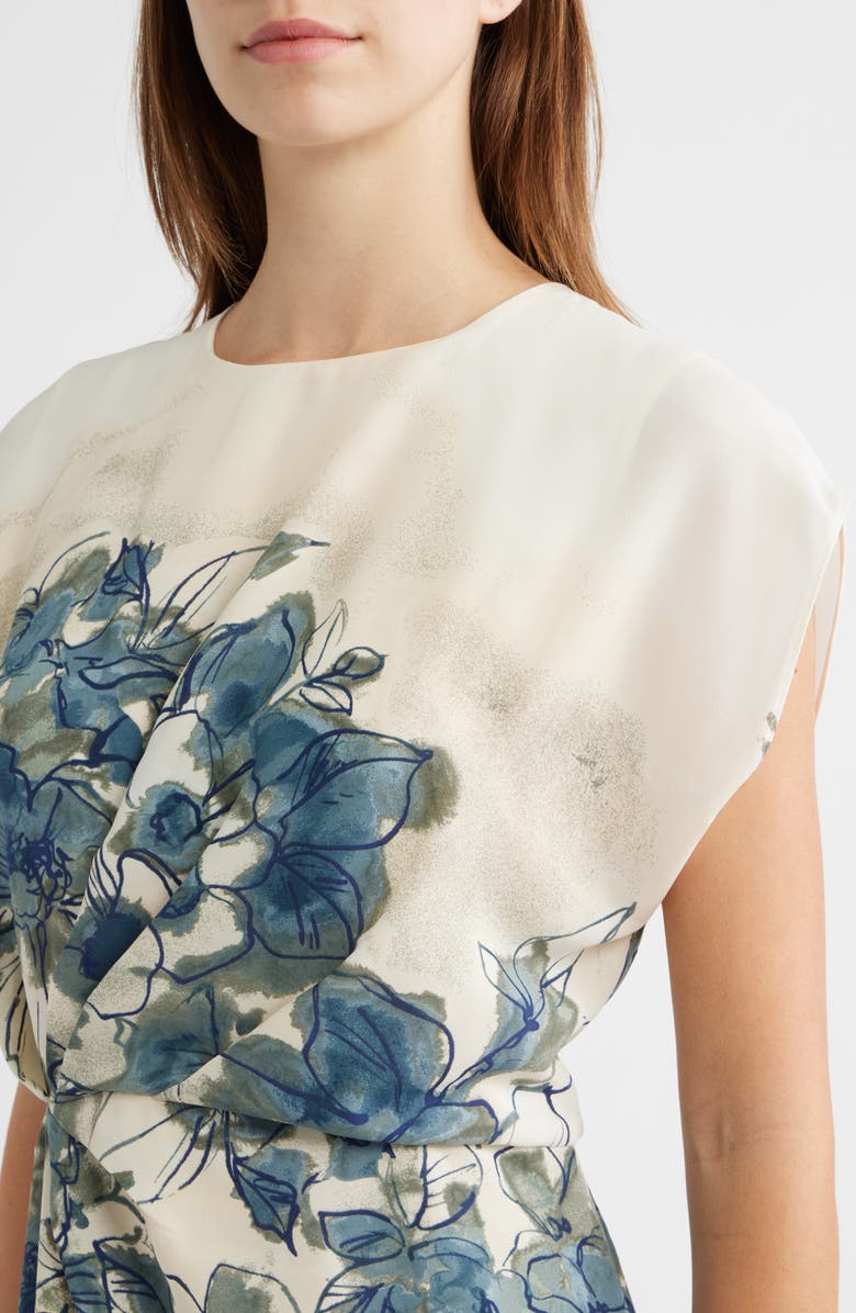 Maggy London Placed Floral Cap Sleeve Asymmetric Hem Midi Dress, Alternate, color, Ivory/ Blue