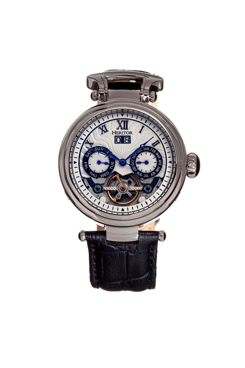 Ganzi Semi-Skeleton Leather-Band Watch, Main, color, Silver