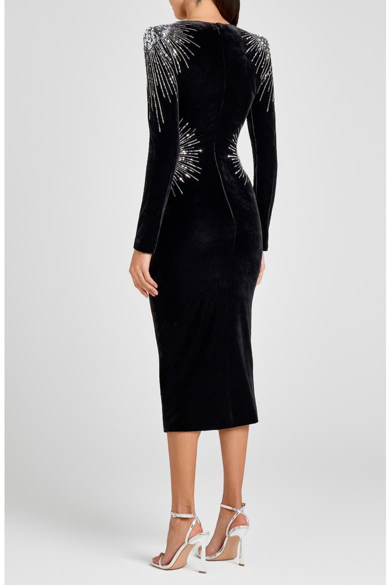 Ellie Embellished Starburst Velvet Midi Dress, Alternate, color, BLACK
