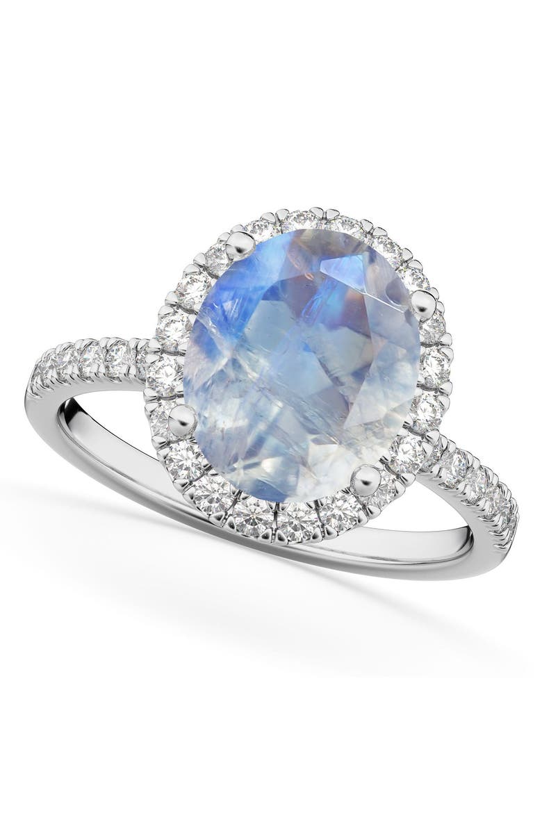 Oval Cut Halo Moonstone & Diamond Engagement Ring 14K, Main, color, 3.31ct/White Gold