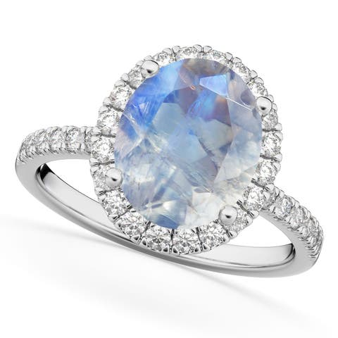 Oval Cut Halo Moonstone & Diamond Engagement Ring 14K