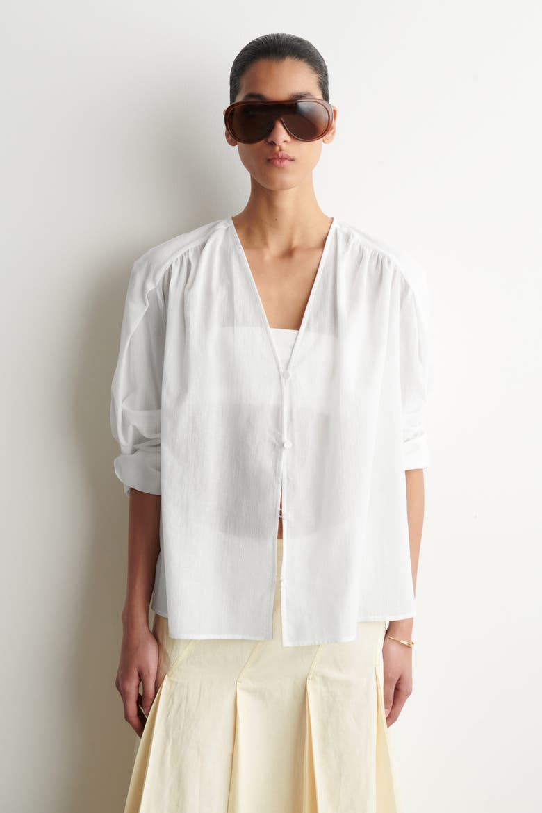 Gathered Lightweight Cotton V-Neck Shirt, Main, color, WHITE