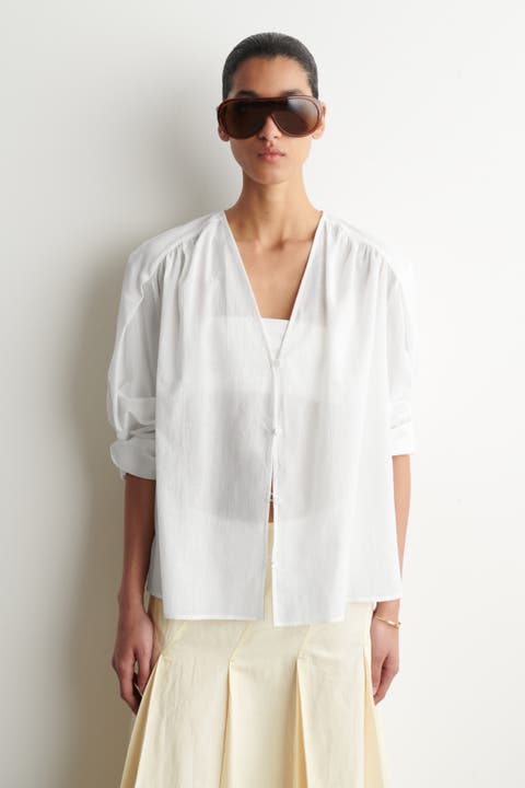 Gathered Lightweight Cotton V-neck Shirt