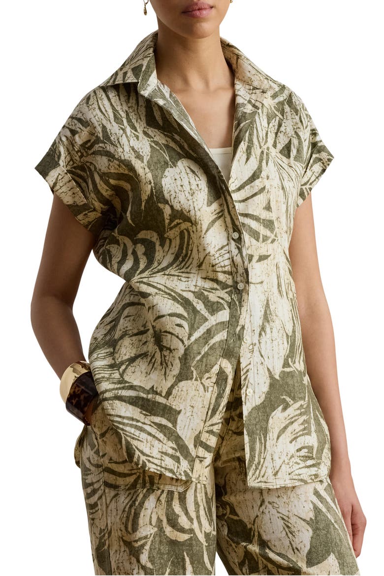 Tropical Print Short Sleeve Linen Shirt, Main, color, FARM OLIVE GREEN