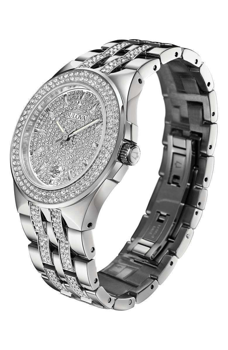BULOVA Pavé Crystal Bracelet Watch, 42mm, Alternate, color, Silver