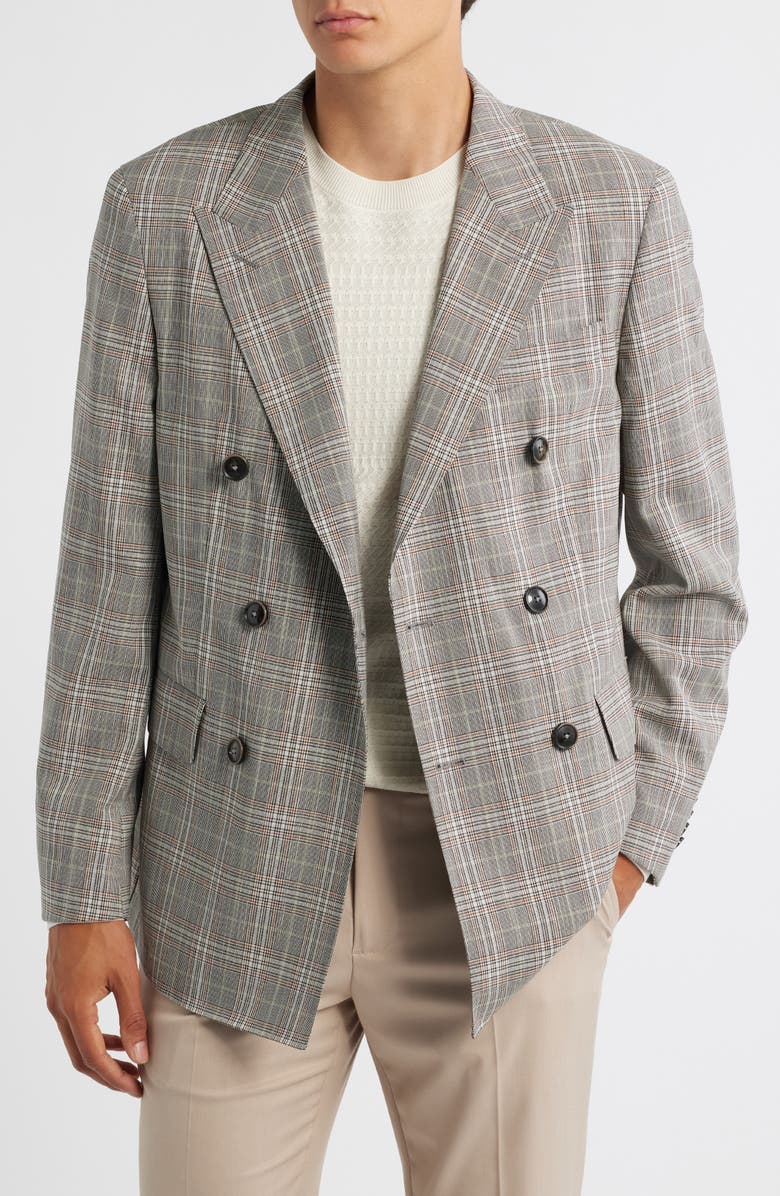 BOSS Heston Slim Fit Plaid Double Breasted Wool Blend Suit Jacket, Alternate, color, Med Brown