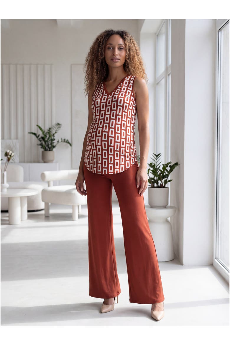 Maternity Essential Abstract Print V-Neck Round Hem Top and Flared Pant Set, Alternate, color, Orange Multi
