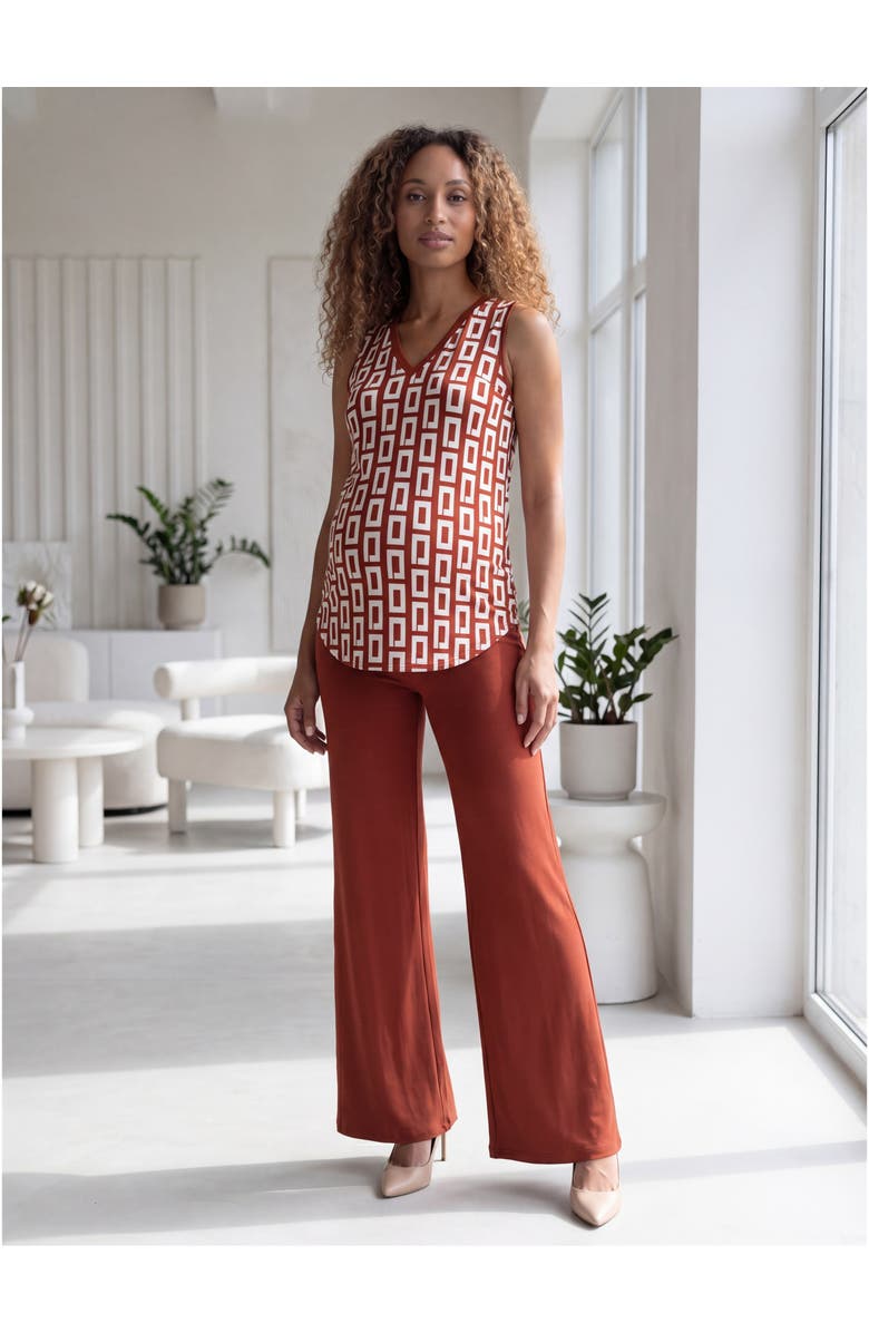 24seven Comfort Apparel Maternity Essential Abstract Print V-Neck Round Hem Top and Flared Pant Set, Alternate, color, Orange Multi