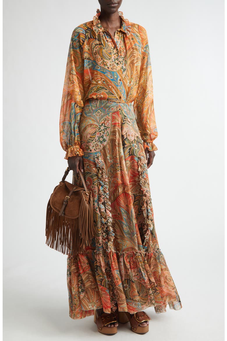 Paisley Print Ruffle Silk Chiffon Maxi Skirt, Alternate, color, PRINT ON RED BASE