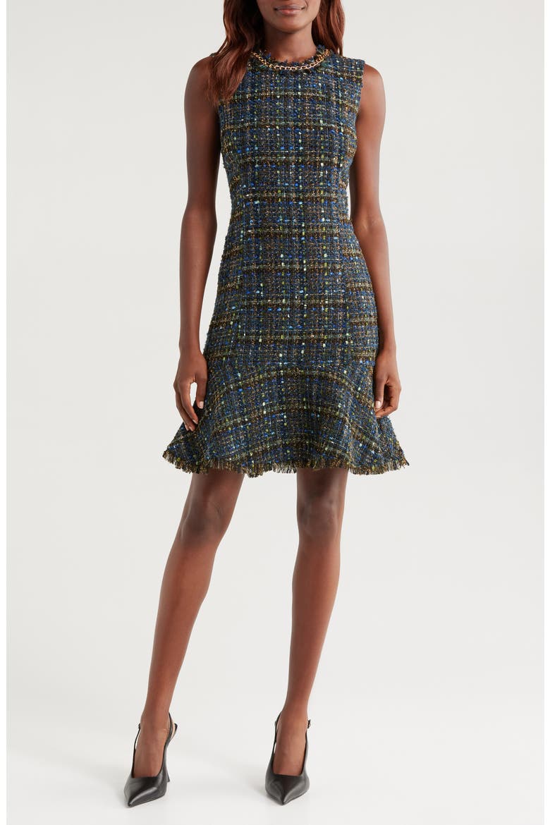 Chain Detail Metallic Tweed Dress, Main, color, BLACK MULT