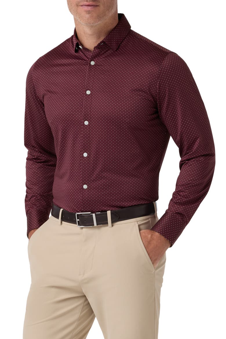 Halyard Trim Fit Dot Performance Button-Up Shirt, Main, color, MERLOT TONAL DOT