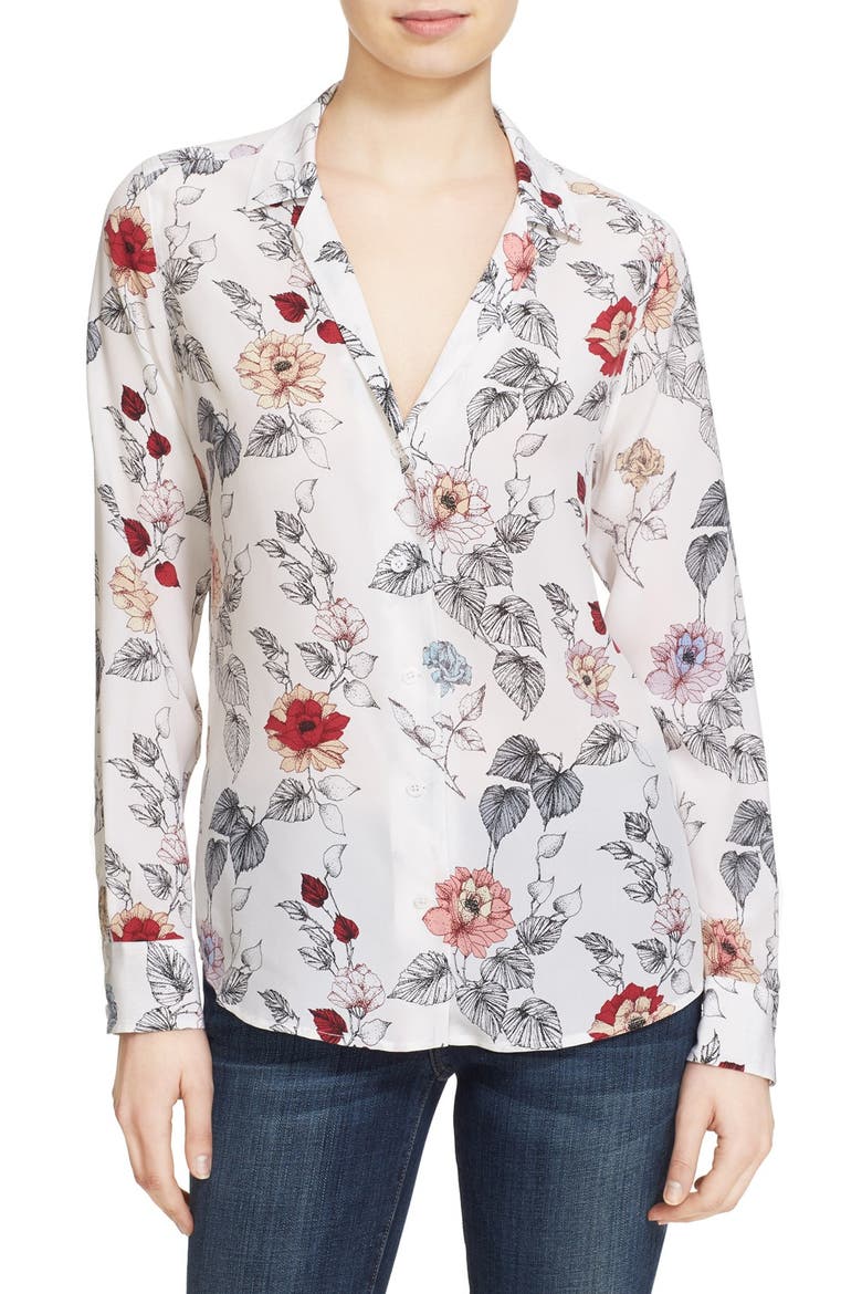 Adalyn Floral Print Silk Shirt, Main, color, BRIGHT WHITE MULTI