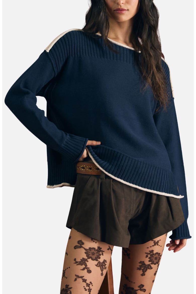 Contrast Trim Cotton Sweater, Alternate, color, NAVY