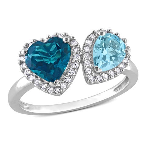 Blue Topaz & Diamond Heart Halo Ring 10k
