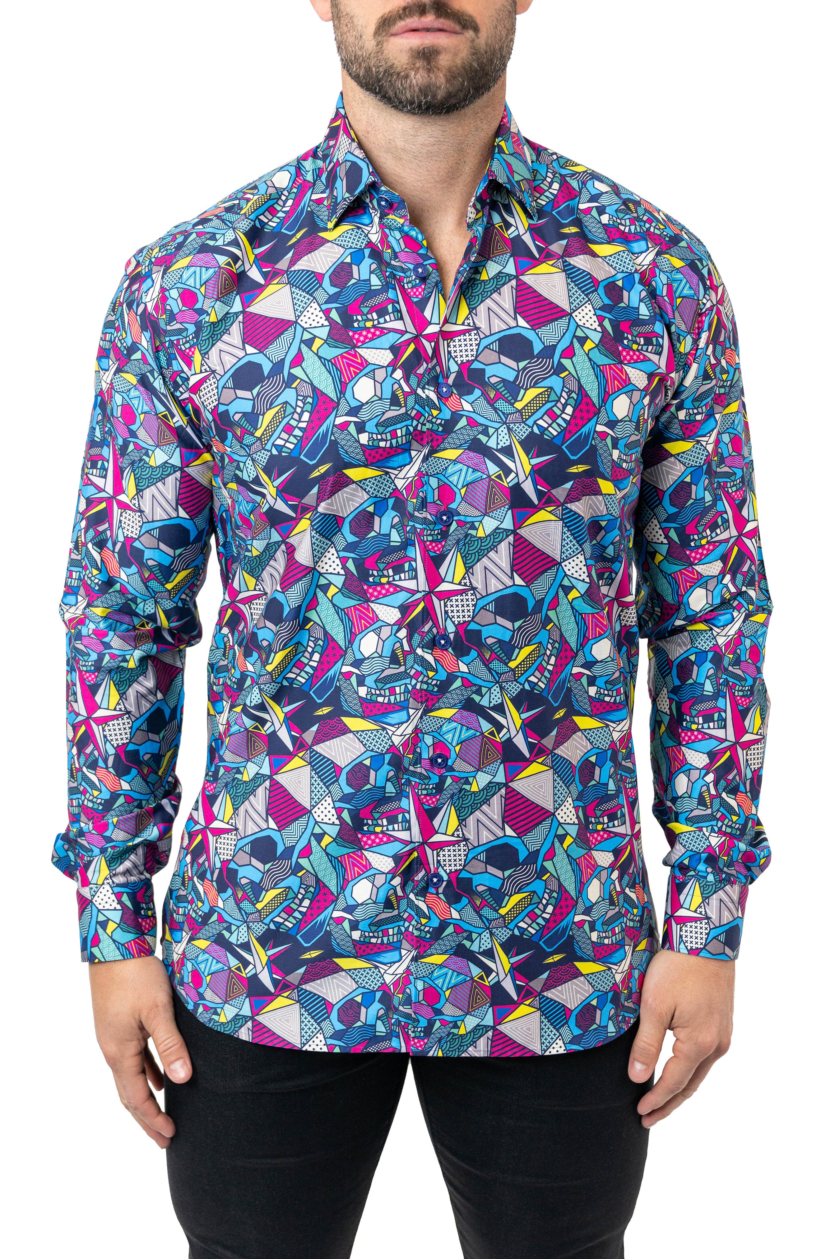Maceoo Fibonacci Abstract Skull Cotton Button-Up Shirt