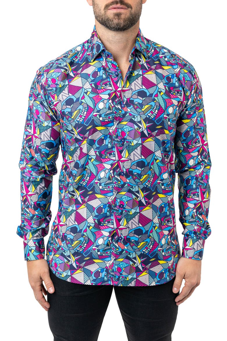 Fibonacci Abstract Skull Cotton Button-Up Shirt, Main, color, BLUE