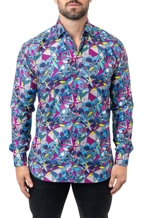 Fibonacci Abstract Skull Cotton Button-Up Shirt