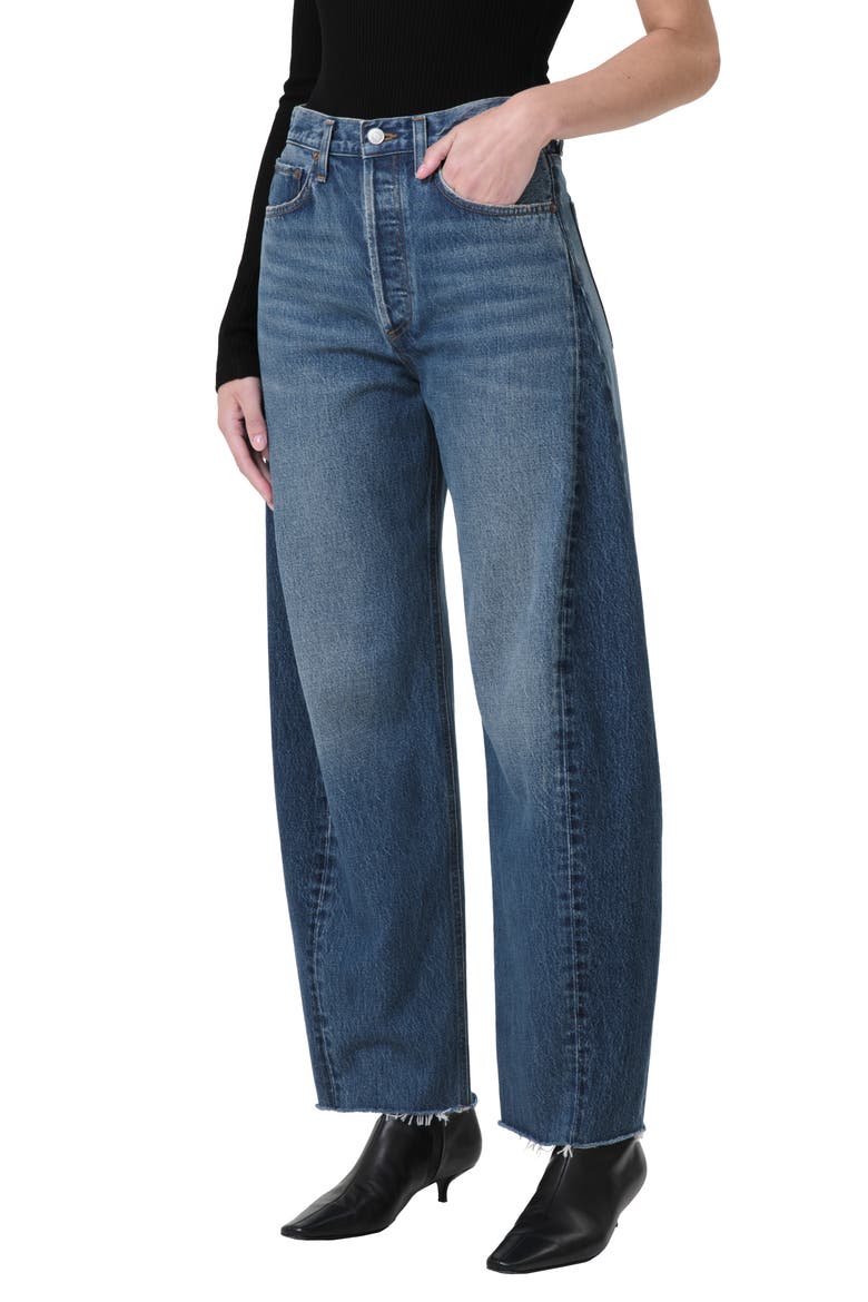 Luna Piece High Waist Raw Hem Barrel Jeans, Main, color, SPLIT