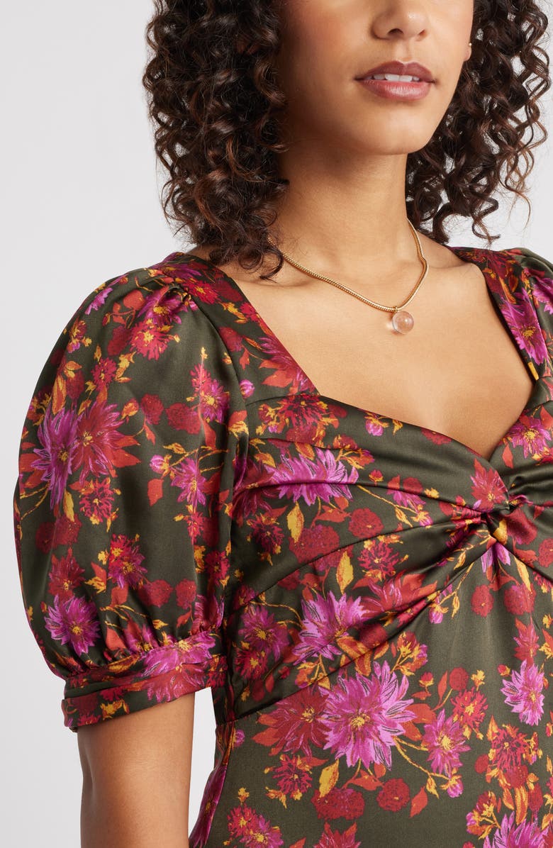Chelsea28 Twist Front Puff Sleeve Satin Midi Dress, Alternate, color, Green Multi Enchanted Blooms