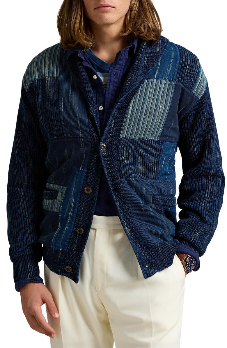 Polo Ralph Lauren Denim Patchwork Cotton Knit Cardigan, Main, color, Indigo Combo