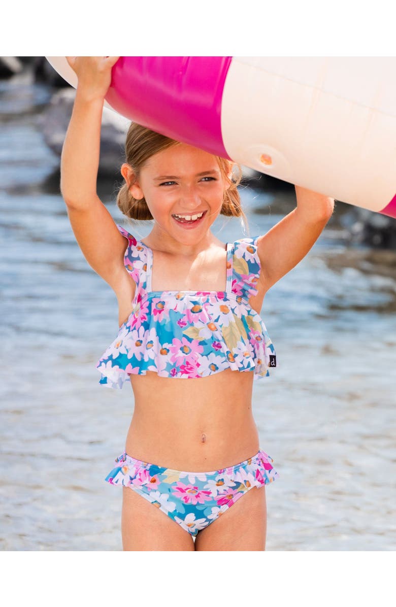 Deux par Deux Girl's Printed Two-Piece Swimsuit With Frills White, Pink, And Green Flowers, Alternate, color, 